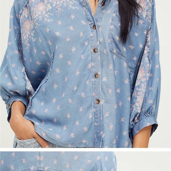 Free People Tops - Free People Blue Cuffed Sleeve Button Down Shirt